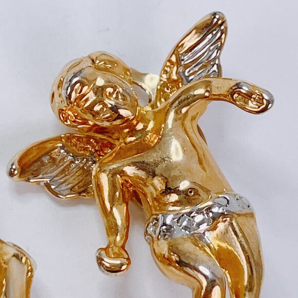 VTG Two-Tone Cherub Angel Clip On Earrings Baroque Revival Figural Romantic - Picture 6 of 11
